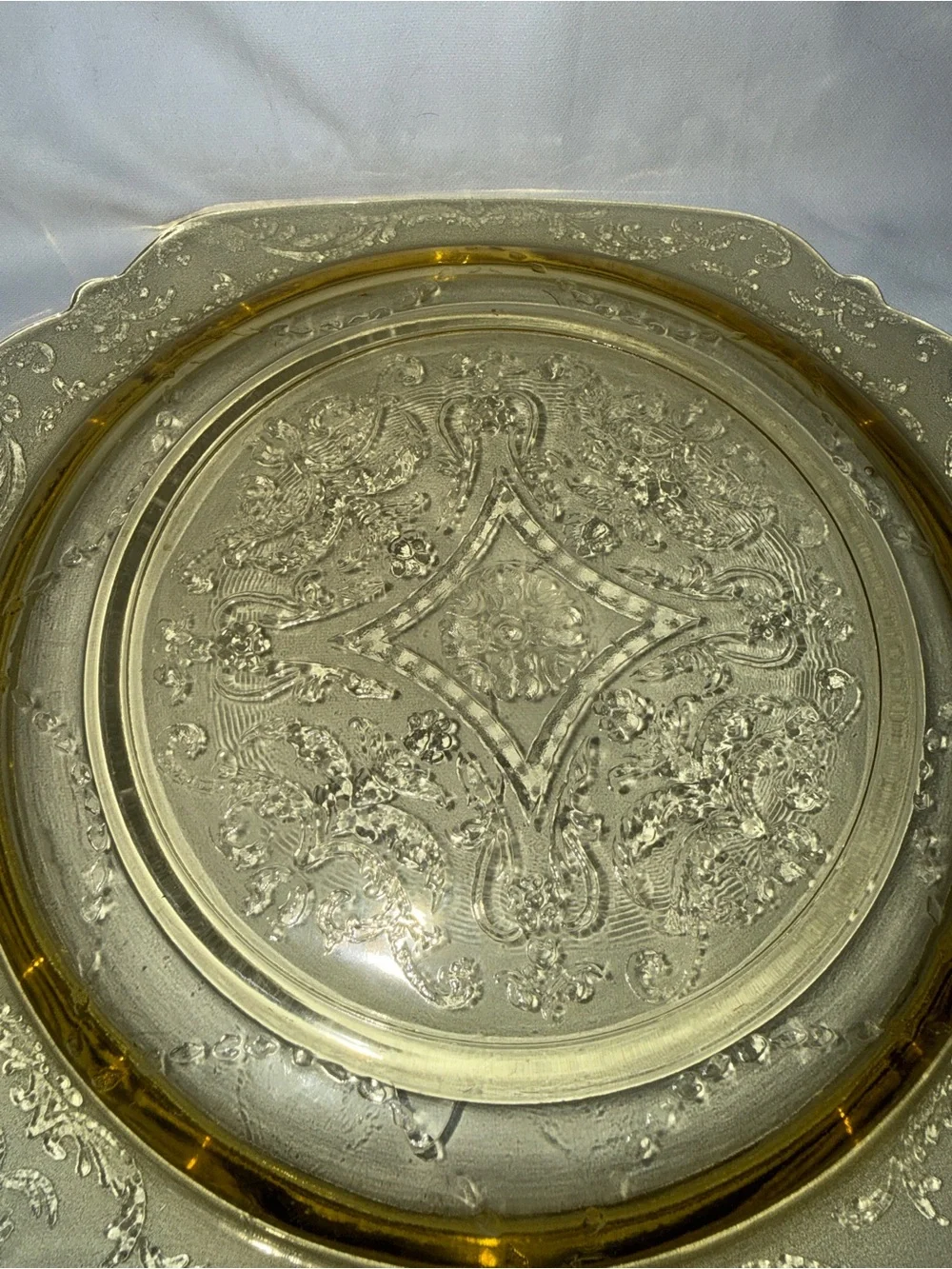 Vintage Amber Depression Glass Etched Square Luncheon Plates